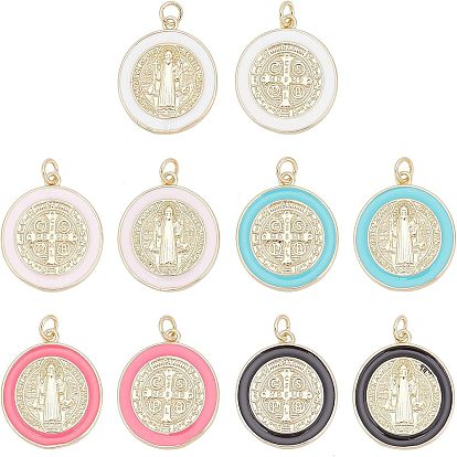 10Pcs 10 Style  Brass Enamel Pendants, with Jump Ring, Real 18K Gold Plated, Long-Lasting Plated, Flat Round with Cross or Saint