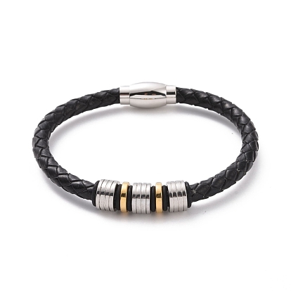 304 Stainless Steel Column Beaded Bracelet with Magnetic Clasps, Black Leather Braided Cord Punk Wristband for Men Women