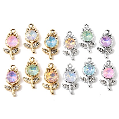 UV Plating Alloy Glass Pendants, Tulip Flower Charm, with Rhinestone, Faceted, Mixed Color