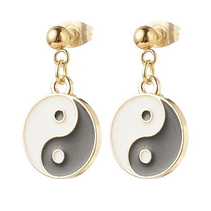 Flat Round with Yin Yang Alloy Enamel Dangle Stud Earrings, 304 Stainless Steel Drop Earrings for Women