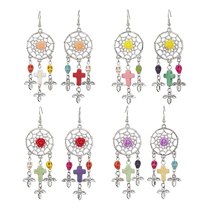 Woven Web/Net with Cross & Skull Synthetic Turquoise Dangle Earrings, Halloween Alloy & Brass Earrings for Women