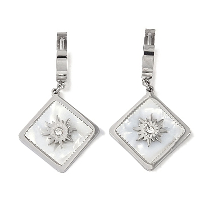 Rhombus with Sun 304 Stainless Steel Shell Hoop Earrings, Rhinestone Dangle Earrings for Women