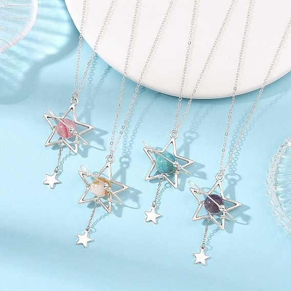 Natural Gemstone Alloy Star Pendant Necklaces for Women, with Brass Cable Chains, Antique Silver & Silver
