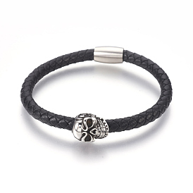 Men's Braided Leather Cord Bracelets, with 304 Stainless Steel Findings and Magnetic Clasps, Skull