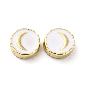 Rack Plating Alloy Enamel Beads, Flat Round with Moon, Golden