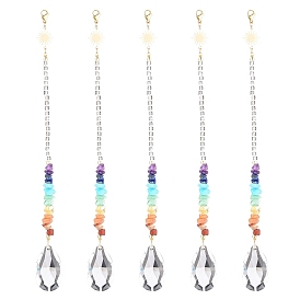 Glass Teardrop Chandelier Pendant Decorations, Hanging Suncatchers, Chakra Gemstone Chips and Quartz Crystal Beads Chain for Home Office Garden Decoration