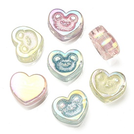 UV Plating Rainbow Iridescent Acrylic Beads, with Glitter Powder, Heart with Bear Pattern
