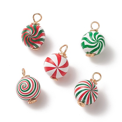 Natural Wooden Pendants, Copper Wire Wrapping Charms, Christmas Theme Printed Round with Vortex Pattern