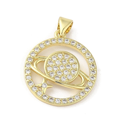 Rack Plating Brass Micro Pave Cubic Zirconia Pendants, Planet, Long-Lasting Plated, Cadmium Free & Lead Free
