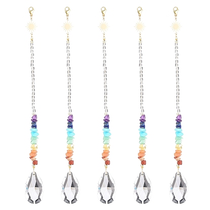 Glass Teardrop Chandelier Pendant Decorations, Hanging Suncatchers, Chakra Gemstone Chips and Quartz Crystal Beads Chain for Home Office Garden Decoration