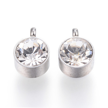 304 Stainless Steel Charms, with Rhinestone, Flat Round