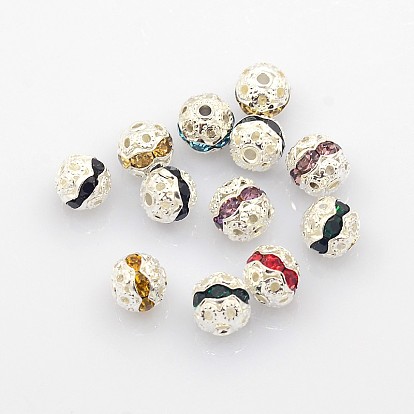 Brass Rhinestone Beads, Grade A, Silver Color Plated, Round, 6mm, Hole: 1mm