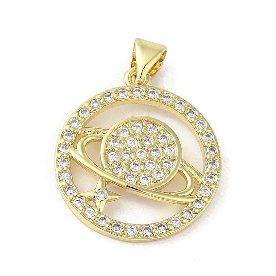 Rack Plating Brass Micro Pave Cubic Zirconia Pendants, Planet, Long-Lasting Plated, Cadmium Free & Lead Free