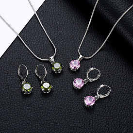Colorful Round Zircon Pendant Necklace and Earrings Set for Fashionable Women