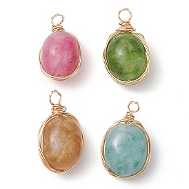 Dyed Natural Malaysia Jade Copper Wire Wrapped Pendants, Oval Charms, Light Gold