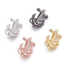 Brass Micro Pave Cubic Zirconia Slide Charms, Long-Lasting Plated, Cadmium Free & Nickel Free & Lead Free, Anchor, Clear