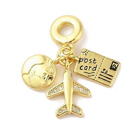 Rack Plating Brass Micro Pave Clear Cubic Zirconia Enamel European Dangle Charms, Earth & Plane & Post Card Large Hole Pendants, Cadmium Free & Lead Free, Long-Lasting Plated