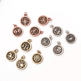 Brass Pendants, with Jump Rings, Long-Lasting Plated, Flat Round with 12 Constellation/Zodiac Sign
