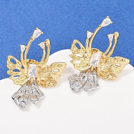 Серьги-гвоздики с бантом из латуни с микропаве из прозрачных кубических цирконий