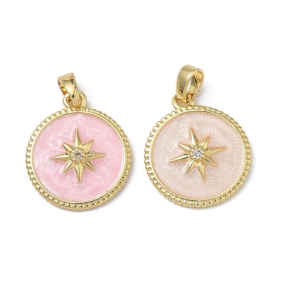 Латунные микропаве прозрачные подвески с фианитом, с эмалью, плоские круглые со звездой, реальный 18 k позолоченный