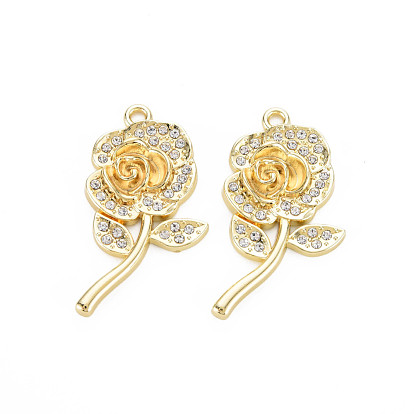 Rack Plating Alloy Pendants, with Crystal Rhinestone, Cadmium Free & Nickel Free & Lead Free, Rose Flower, Light Gold
