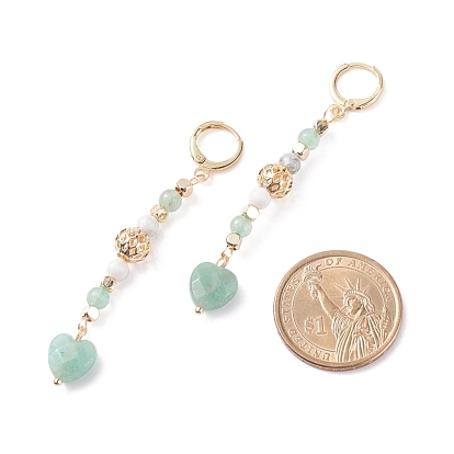 Heart Gemstone Beaded Long Dangle Hoop Earrings with Hollow Ball for Women, Golden