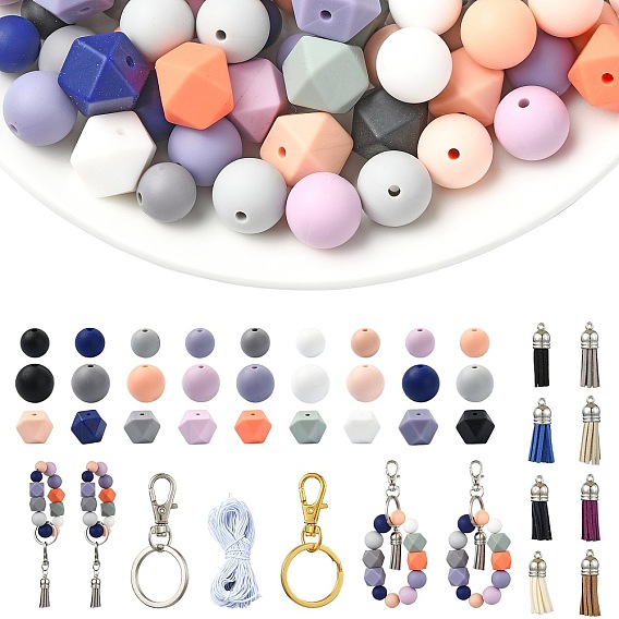 140 DIY-Schlüsselanhänger-Sets, einschließlich Silikonperlen, faux Wildleder Quaste Anhänger Schmuck, Legierung Drehkarabinerverschlüsse, Eisen Split Schlüsselringe, Runde elastische Schnur