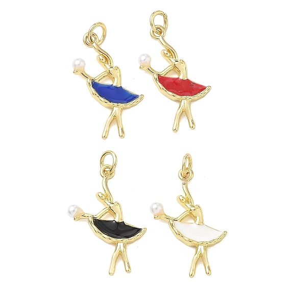 Messing Emaille-Anhänger, abs mit Imitationsperle, Ballettmädchen-Anhänger, Gestell, langlebig überzogen, cadmiumfrei und bleifrei, echt 18 k vergoldet