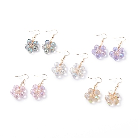 Glass Beaded Flower Dangle Earrings, Brass Wire Wrap Earrings for Women