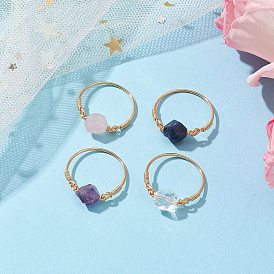5pcs bagues rondes en sodalite naturelle et cristal de quartz et améthyste et quartz rose taillées en étoile, bague enveloppée de fil de cuivre pour femme