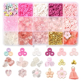 Kit de recherche de fabrication de bijoux de bricolage, y compris un disque en argile polymère, des éclats de pierres naturelles et mélangées et des perles de cœur en acrylique, perles d'espacement en fer et laiton, Pompon en polycoton et pendentifs en forme de fleur en émail en alliage
