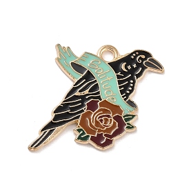 Alloy Enamel Pendants, Crow with Rose and Word Solitude
