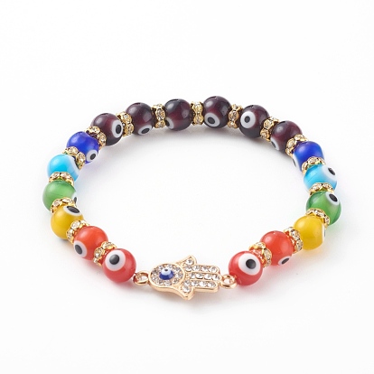 Chakra Jewelry, Alloy Rhinestone Hamsa Hand Link Bracelets, Stretch Beaded Bracelets, with Evil Eye Lampwork Beads and Brass Rhinestone Spacer Beads, Golden
