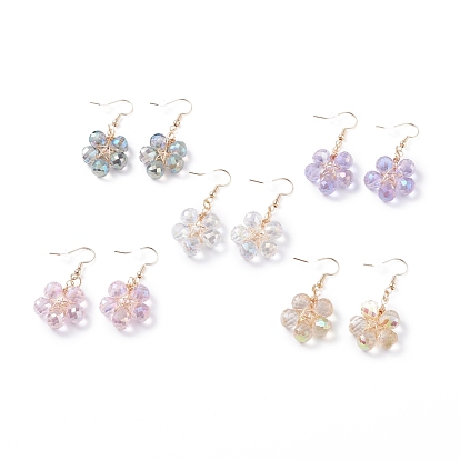 Glass Beaded Flower Dangle Earrings, Brass Wire Wrap Earrings for Women
