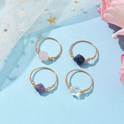 5pcs bagues rondes en sodalite naturelle et cristal de quartz et améthyste et quartz rose taillées en étoile, bague enveloppée de fil de cuivre pour femme