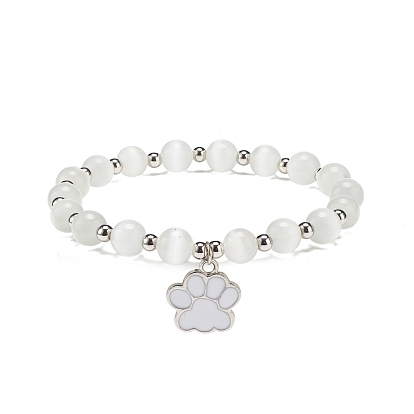 Round Cat Eye Round Beaded Stretch Bracelet, Alloy Enamel Dog Paw Prints Charm Bracelet for Women