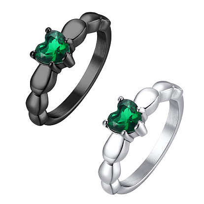 Stainless Steel with Green Cubic Zircon Solitaire Ring, Heart-Shaped Rings for Women Men
