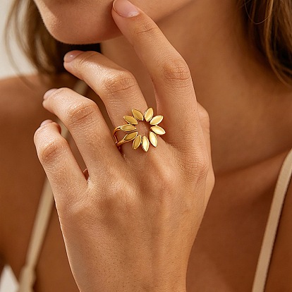 304 Stainless Steel Cuff Open Rings, Leaf