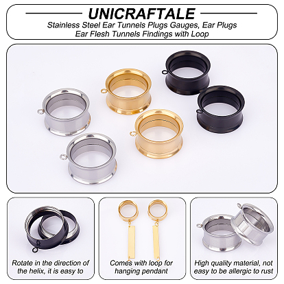 Unicraftale 6Pcs 3 Colors 316 Stainless Steel Ear Tunnels Plugs Gauges, Ear Plugs Ear Flesh Tunnels Findings with Loop, for Ear Stretchers Expander Gauges Making