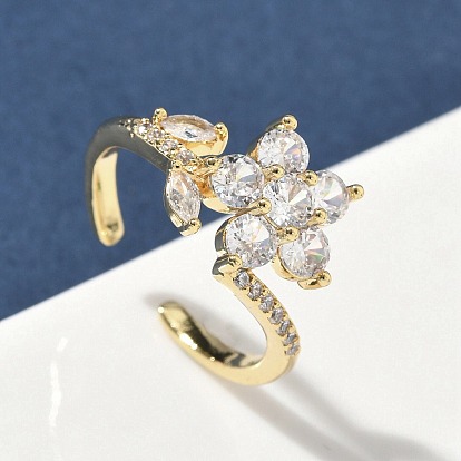 Манжеты из латуни с микро паве кубический цирконий для женщин, цветок, долговечный, стойки покрытие, без свинца и без кадмия