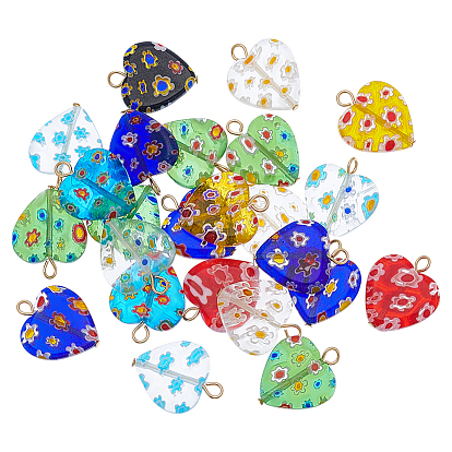 24шт. подвески из стекла миллефиори, сердце, с 304 штифтами с плоской головкой из нержавеющей стали