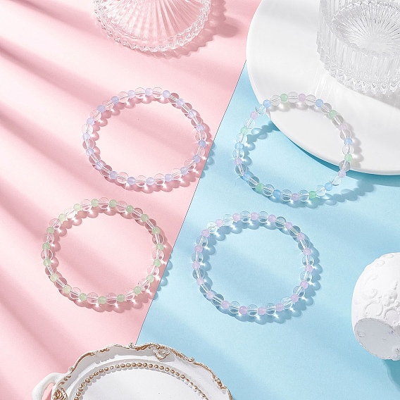 4Pcs 4 Colors Natural Dyed Malaysia Jade & Synthetic Quartz Crystal Round Beaded Stretch Bracelet Sets for Women