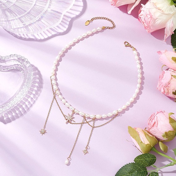 Ожерелья из натурального культивированного пресноводного жемчуга и рисовых бусин, с подвесками в виде звезд из латунного микропаве из прозрачного кубического циркония и 304 концевыми цепочками из нержавеющей стали, белье