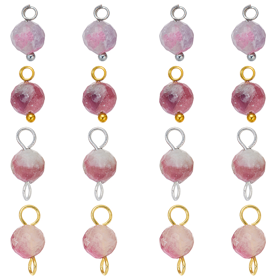 16Pcs 4 Styles October Birthstone Natural Plum Blossom Tourmaline Pendant and Connector Charms, Round, with Brass Findings