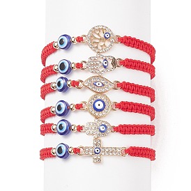 6Pcs 6 Style Resin Evil Eye Braided Bead Bracelets Set, Crystal Rhinestone Tree & Hamsa Hand & Cross Link Bracelets for Women