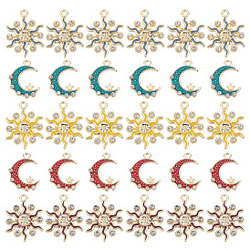 BENECREAT 30Pcs 5 Style Alloy Enamel Pendants, with Crystal Rhinestone, Light Gold, Sun & Moon with Star