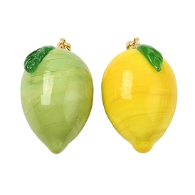 Handmade Lampwork Pendants, with Brass, Lemon Charms, Golden