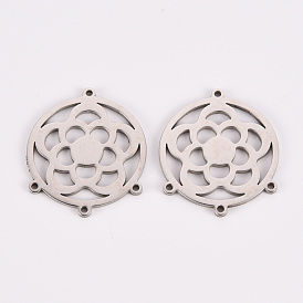 304 Stainless Steel Chandelier Component Links, Laser Cut, Flat Round with Flower