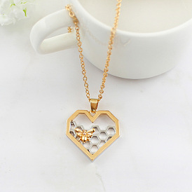 Honeycomb Heart Necklace with Delicate Bee Charm - Creative Fashion Jewelry