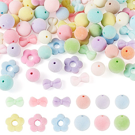 75Pcs 5 Styles Flocking Acrylic Beads, Round & Flower & Bowknot